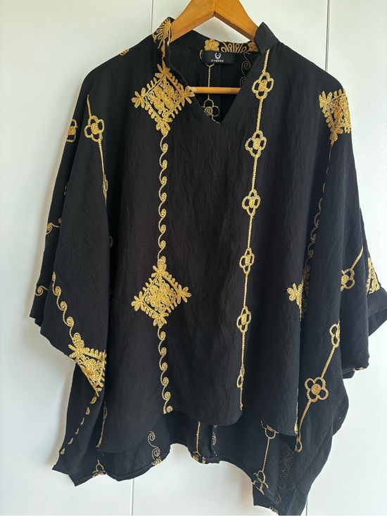 Cyberg Tops - Black Oversized Tunic Top with Gold Embroidered Motifs